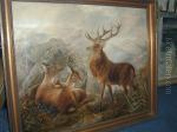 A Stag And His Herd In A Snow-capped Highland Landscape Oil Painting by Robert Cleminson