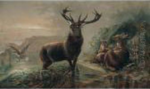 Landscape With Deer Oil Painting by Robert Cleminson