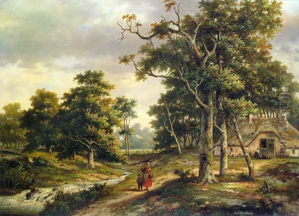 Peasant Woman and a Boy in a Wooded Landscape Oil Painting by Hendrik Barend Koekkoek