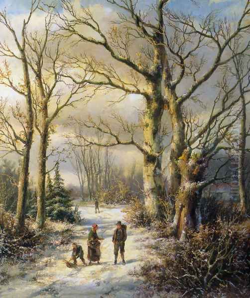 Woodgatherers in a Winter Forest Oil Painting by Hendrik Barend Koekkoek