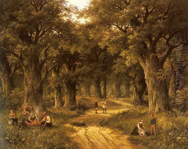 Peasants Preparing a Meal near a Wooded Path Oil Painting by Hendrik Barend Koekkoek