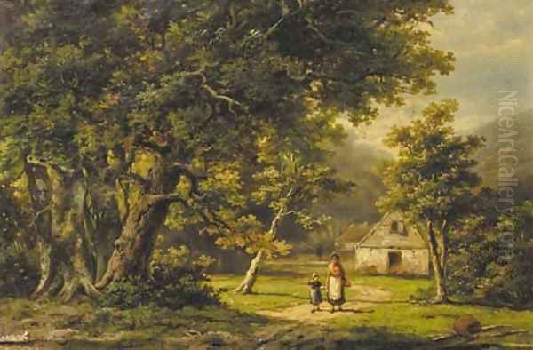 A peasant woman and a boy in a wooded landscape Oil Painting by Hendrik Barend Koekkoek