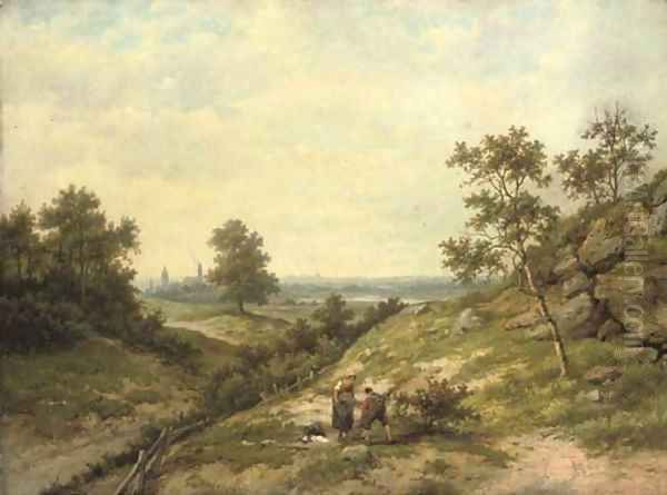 Woodgatherers in a hilly landscape Oil Painting by Hendrik Barend Koekkoek