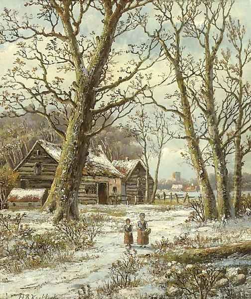 Walking in winter Oil Painting by Hendrik Barend Koekkoek