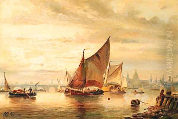 A view of London with various shipping on the Thames at dusk Oil Painting by Hendrik Barend Koekkoek