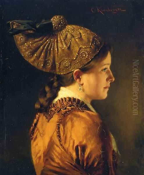 A Portrait of a Girl Wearing a Golden Hood Oil Painting by Carl Kronberger