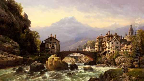 An Alpine Village Oil Painting by Charles Euphrasie Kuwasseg, Jr.