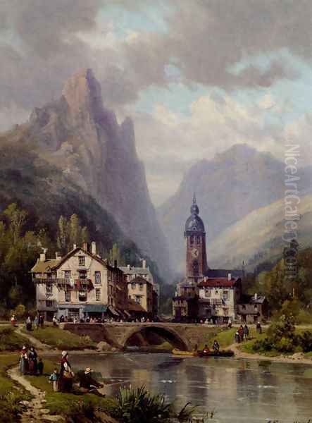 An Agler Before An Alpine Riverside Town Oil Painting by Charles Euphrasie Kuwasseg, Jr.