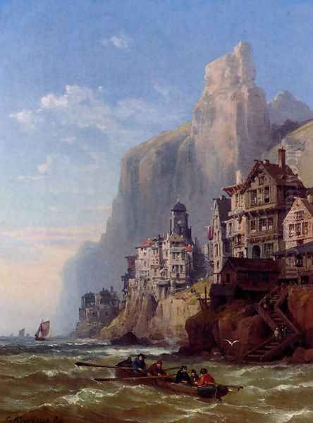 Rowing Out At A Coastal Town Oil Painting by Charles Euphrasie Kuwasseg, Jr.