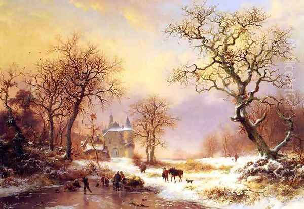 Skaters in a Winter Landscape Oil Painting by Frederik Marianus Kruseman