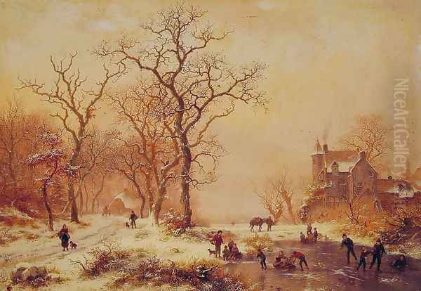 Ice Skating Oil Painting by Frederik Marianus Kruseman