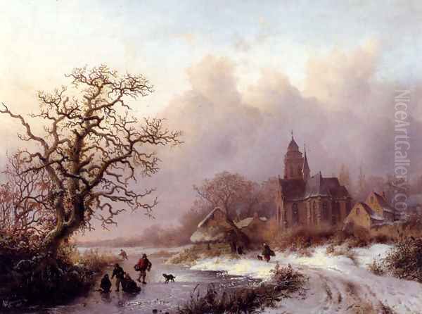 A Frozen Winter Landscape Oil Painting by Frederik Marianus Kruseman