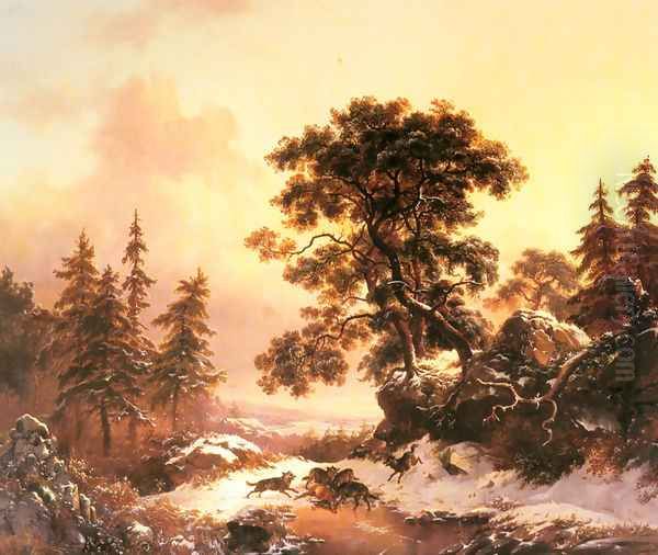 Wolves in a Winter Landscape Oil Painting by Frederik Marianus Kruseman