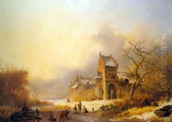 Figures on a frozen river in a winter landscape Oil Painting by Frederik Marianus Kruseman