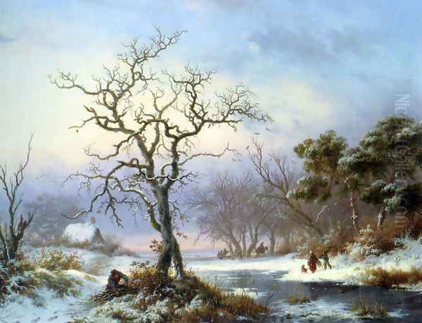 Faggot Gatherers in a Winter Landscape Oil Painting by Frederik Marianus Kruseman