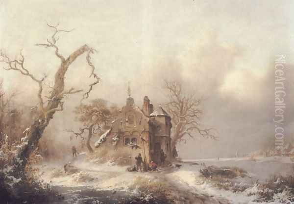 Figures in a Winter Landscape Oil Painting by Frederik Marianus Kruseman