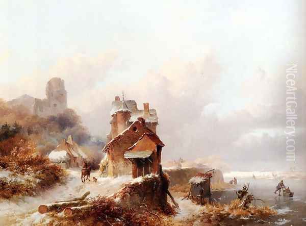 A Winterlandscape With A Horserider On A Track Passing A Farmhouse, Skaters On The Ice Beyond Oil Painting by Frederik Marianus Kruseman