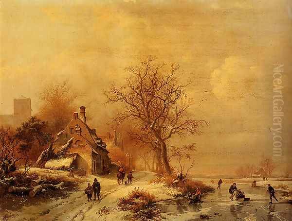 Figures In A Frozen Winter Landscape Oil Painting by Frederik Marianus Kruseman