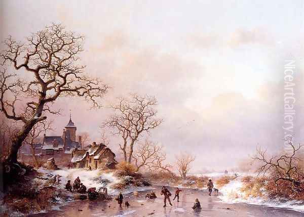 Winter: townsfolk skating on a frozen waterway near a fortified mansion at dusk Oil Painting by Frederik Marianus Kruseman