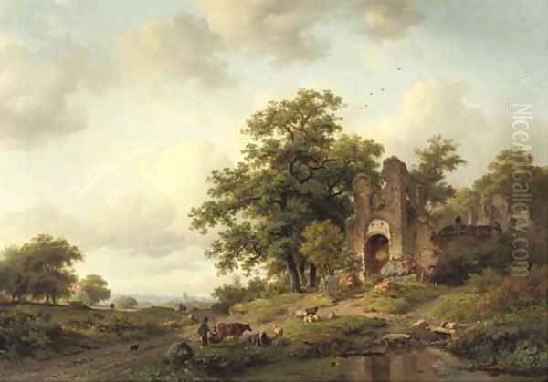 A summer landscape with the ruins of Brederode castle near Haarlem Oil Painting by Frederik Marianus Kruseman