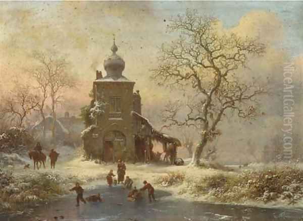 Winterfun at sunset by a mansion Oil Painting by Frederik Marianus Kruseman