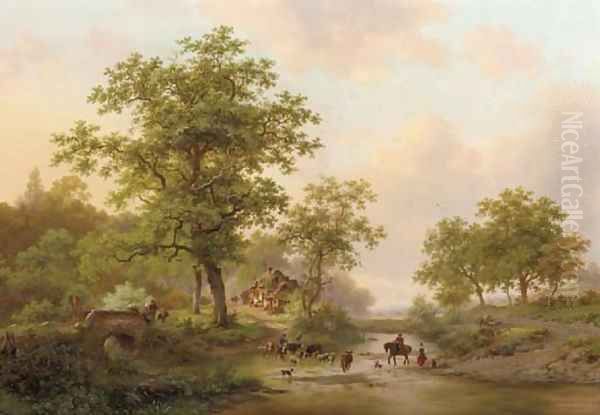 Cattle passing a ford in a wooded landscape in summer Oil Painting by Frederik Marianus Kruseman