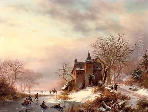 Sunset over a snow-covered landscape Oil Painting by Frederik Marianus Kruseman