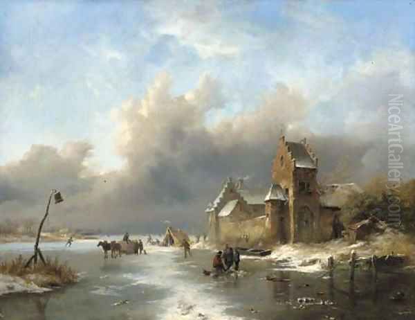 Winter landscape with figures on a frozen river Oil Painting by Frederik Marianus Kruseman