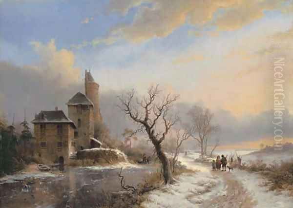 Winter landscape with figures near a city gate Oil Painting by Frederik Marianus Kruseman