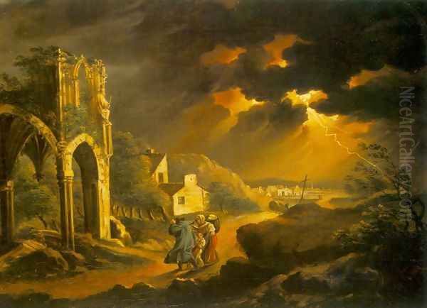 Storm at Night 1820s Oil Painting by Karoly Kisfaludy