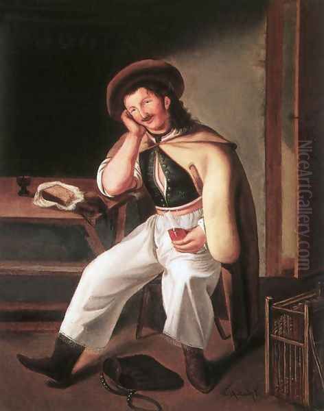 In the Tavern Oil Painting by Karoly Kisfaludy