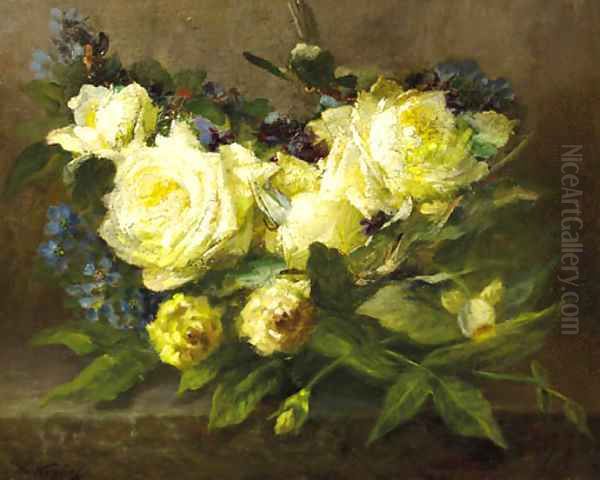 Still life with yellow roses and forget-me-nots Oil Painting by Desire de Keghel