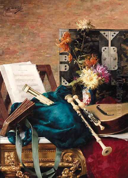 Musical Instruments and a Music Score with Flowers on a Table Oil Painting by Desire de Keghel