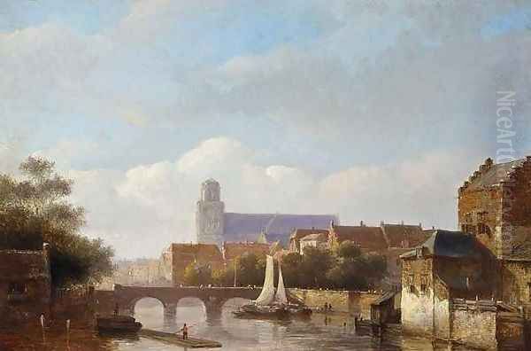 View of a Riverside Town Oil Painting by Kasparus Karsen