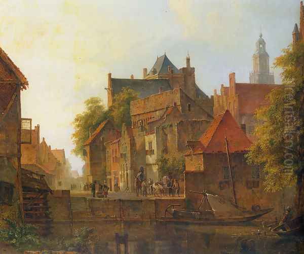 View of a town with a blacksmith at work on a quay Oil Painting by Kasparus Karsen