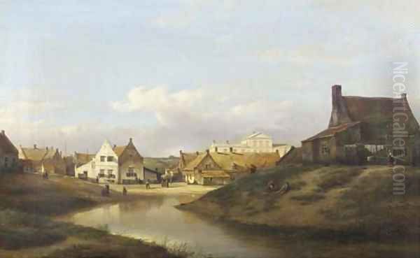 A view of Katwijk village with the Groot Badhotel in the background Oil Painting by Kasparus Karsen