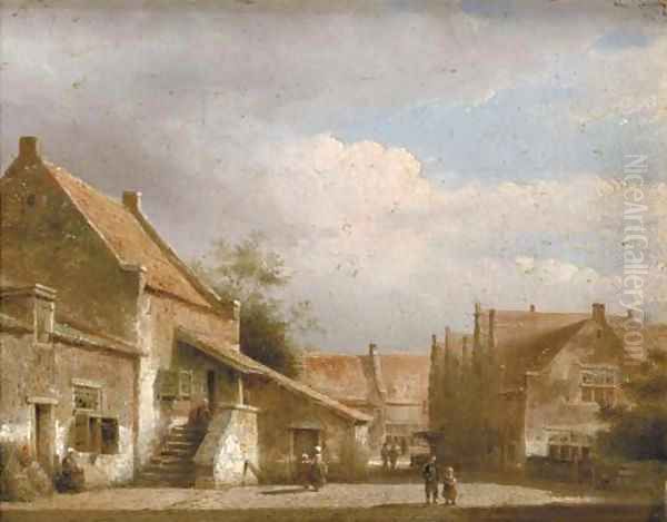 Figures in a Dutch village street Oil Painting by Kasparus Karsen