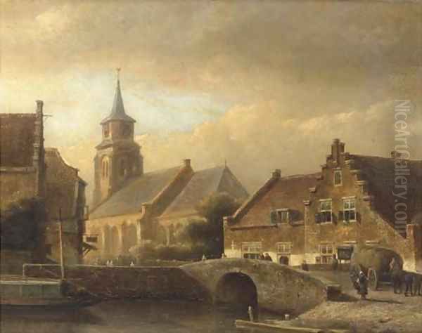 Figures crossing a bridge in a Dutch town Oil Painting by Kasparus Karsen