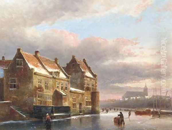 Figures on a frozen city canal at dusk Oil Painting by Kasparus Karsen