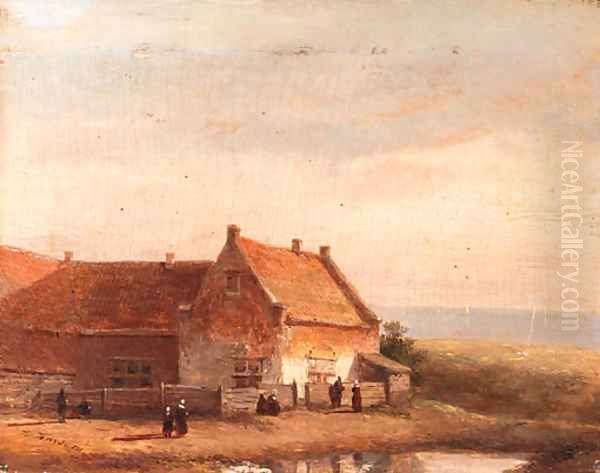 Fisherwomen standing by a house in the dunes Oil Painting by Kasparus Karsen