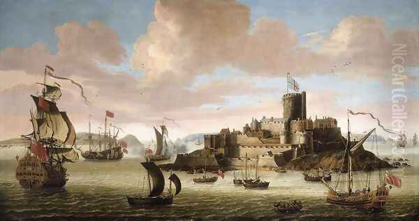 An English Ship and other Shipping off Castle Cornet, Guernsey Oil Painting by Jacob Knyff