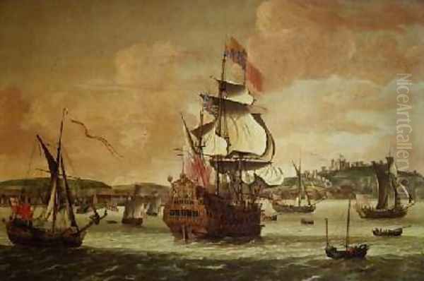 Charles II on board a two decker man o war off Dover Oil Painting by Jacob Knyff