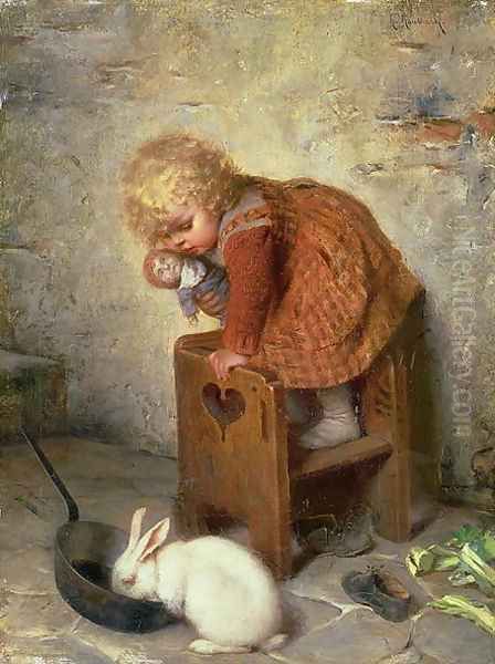 Little Girl with a Rabbit Oil Painting by Hermann Kaulbach