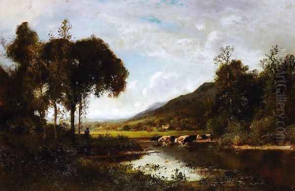 Cattle Watering at a Pond with a Shepherd Nearby Oil Painting by William Keith