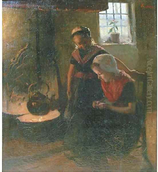 Sisters by the hearth Oil Painting by Hendrik Maarten Krabbe