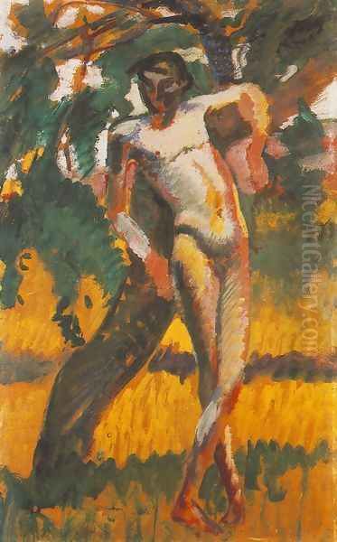 Nude Boy Leaning against a Tree 1911 Oil Painting by Karoly Kernstok