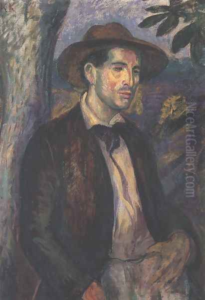 Portrait of Bela Czobel with Straw Hat 1907 Oil Painting by Karoly Kernstok