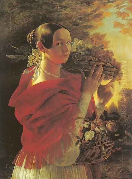 Young Woman with Basket 1835 Oil Painting by Ivan Khrutsky