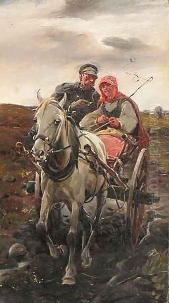 Couple on a Cart Oil Painting by J. Konarski