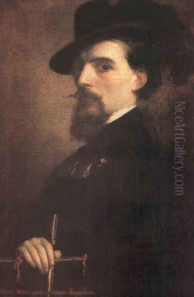 Self-portrait with Kossuth-hat 1850 Oil Painting by Mihaly Kovacs